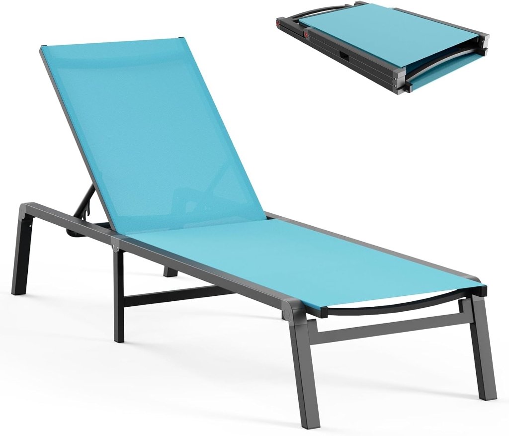 Aluminum Chaise Lounge Ourdoor - Foldable & Assemble Free Outdoor Lounge Chair with 5 Adjustable Backrest, Patio Lounge Chair for Outside Poolside Beach Pool, Black - Wigtrends