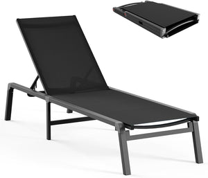 Aluminum Chaise Lounge Ourdoor - Foldable & Assemble Free Outdoor Lounge Chair with 5 Adjustable Backrest, Patio Lounge Chair for Outside Poolside Beach Pool, Black - Wigtrends