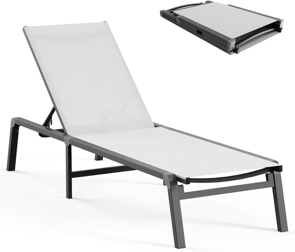 Aluminum Chaise Lounge Ourdoor - Foldable & Assemble Free Outdoor Lounge Chair with 5 Adjustable Backrest, Patio Lounge Chair for Outside Poolside Beach Pool, Black - Wigtrends