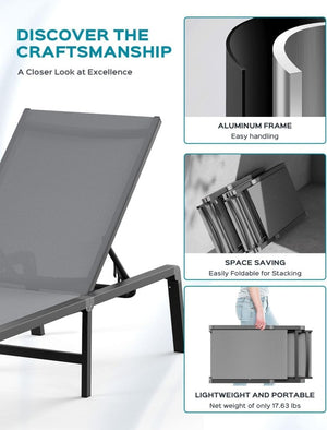 Aluminum Chaise Lounge Ourdoor - Foldable & Assemble Free Outdoor Lounge Chair with 5 Adjustable Backrest, Patio Lounge Chair for Outside Poolside Beach Pool, Black - Wigtrends
