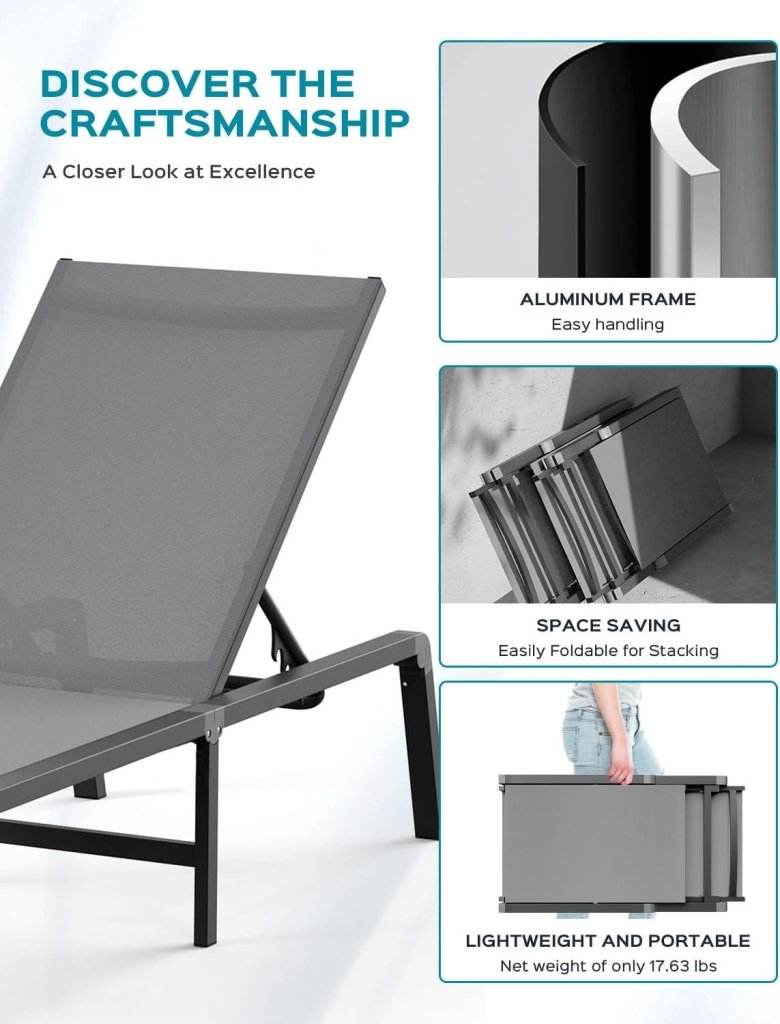 Aluminum Chaise Lounge Ourdoor - Foldable & Assemble Free Outdoor Lounge Chair with 5 Adjustable Backrest, Patio Lounge Chair for Outside Poolside Beach Pool, Black - Wigtrends