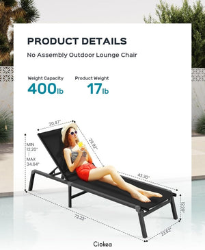 Aluminum Chaise Lounge Ourdoor - Foldable & Assemble Free Outdoor Lounge Chair with 5 Adjustable Backrest, Patio Lounge Chair for Outside Poolside Beach Pool, Black - Wigtrends
