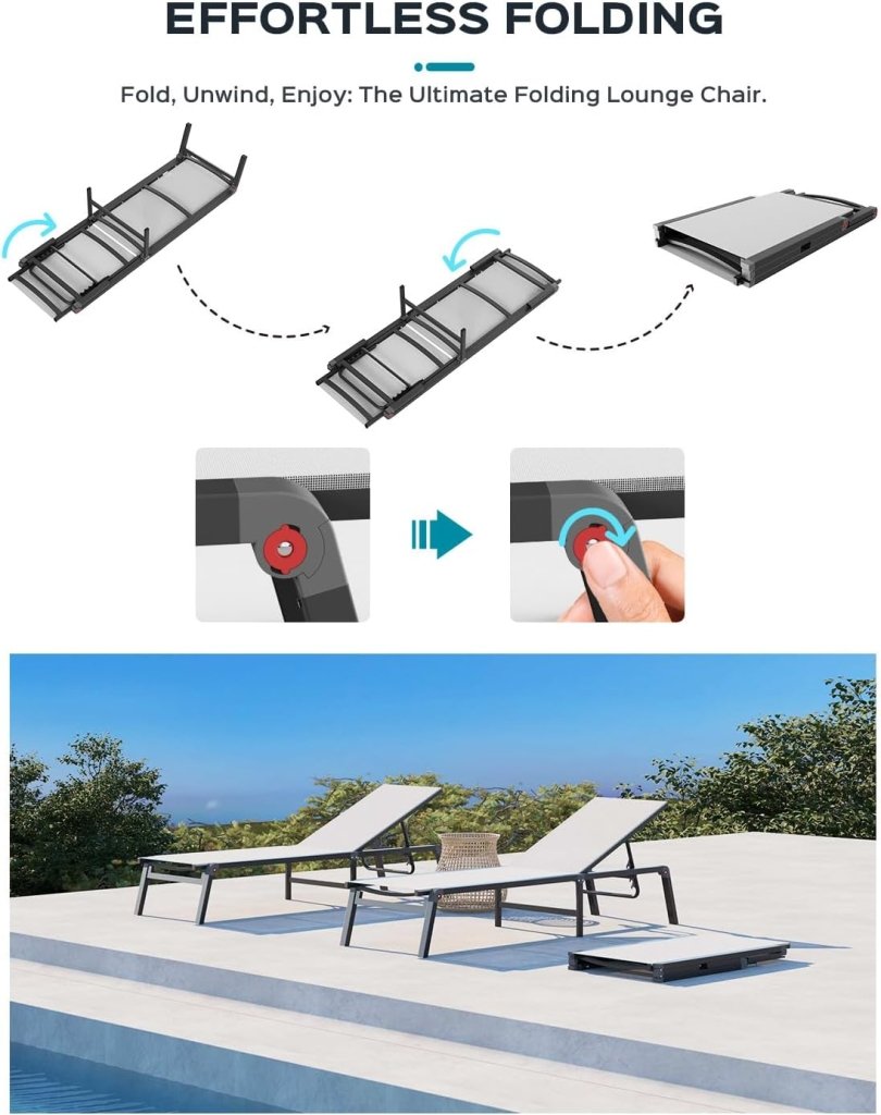 Aluminum Chaise Lounge Ourdoor - Foldable & Assemble Free Outdoor Lounge Chair with 5 Adjustable Backrest, Patio Lounge Chair for Outside Poolside Beach Pool, Black - Wigtrends