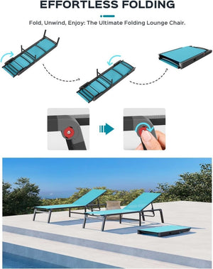 Aluminum Chaise Lounge Ourdoor - Foldable & Assemble Free Outdoor Lounge Chair with 5 Adjustable Backrest, Patio Lounge Chair for Outside Poolside Beach Pool, Black - Wigtrends