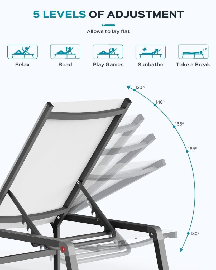 Aluminum Chaise Lounge Ourdoor - Foldable & Assemble Free Outdoor Lounge Chair with 5 Adjustable Backrest, Patio Lounge Chair for Outside Poolside Beach Pool, Black - Wigtrends