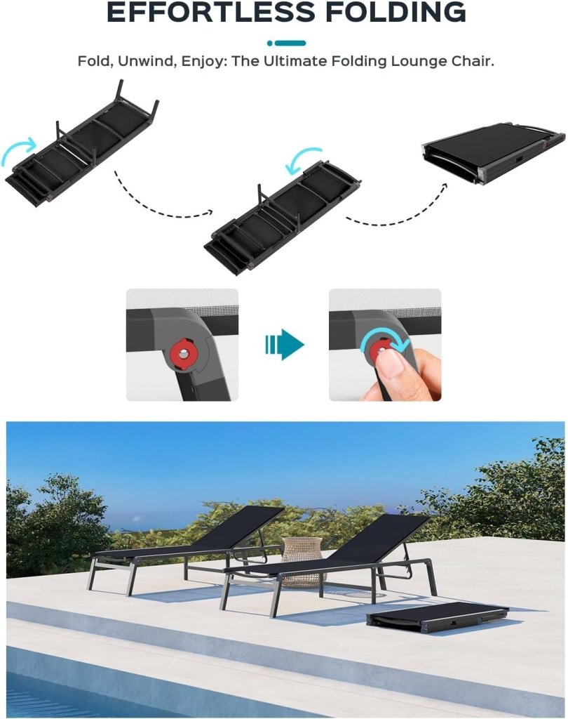 Aluminum Chaise Lounge Ourdoor - Foldable & Assemble Free Outdoor Lounge Chair with 5 Adjustable Backrest, Patio Lounge Chair for Outside Poolside Beach Pool, Black - Wigtrends