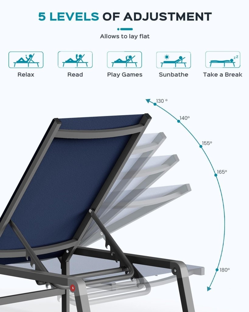 Aluminum Chaise Lounge Ourdoor - Foldable & Assemble Free Outdoor Lounge Chair with 5 Adjustable Backrest, Patio Lounge Chair for Outside Poolside Beach Pool, Black - Wigtrends
