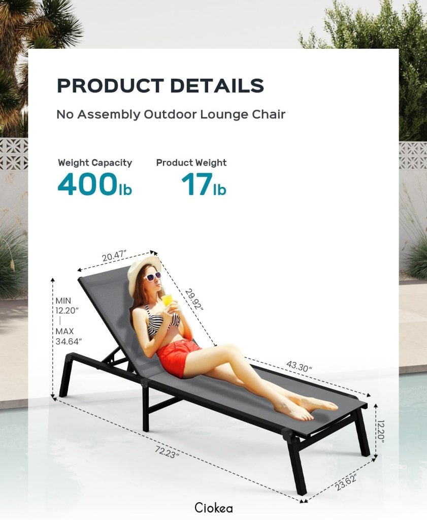 Aluminum Chaise Lounge Ourdoor - Foldable & Assemble Free Outdoor Lounge Chair with 5 Adjustable Backrest, Patio Lounge Chair for Outside Poolside Beach Pool, Black - Wigtrends