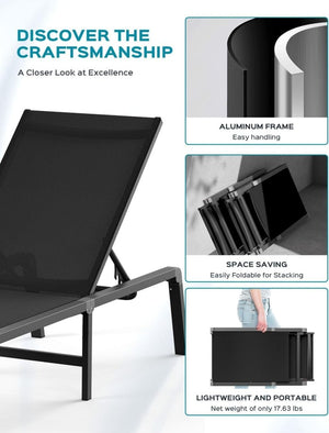 Aluminum Chaise Lounge Ourdoor - Foldable & Assemble Free Outdoor Lounge Chair with 5 Adjustable Backrest, Patio Lounge Chair for Outside Poolside Beach Pool, Black - Wigtrends