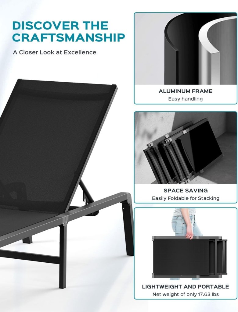 Aluminum Chaise Lounge Ourdoor - Foldable & Assemble Free Outdoor Lounge Chair with 5 Adjustable Backrest, Patio Lounge Chair for Outside Poolside Beach Pool, Black - Wigtrends