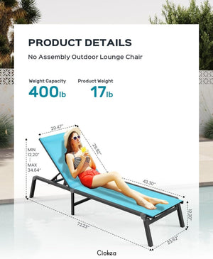 Aluminum Chaise Lounge Ourdoor - Foldable & Assemble Free Outdoor Lounge Chair with 5 Adjustable Backrest, Patio Lounge Chair for Outside Poolside Beach Pool, Black - Wigtrends