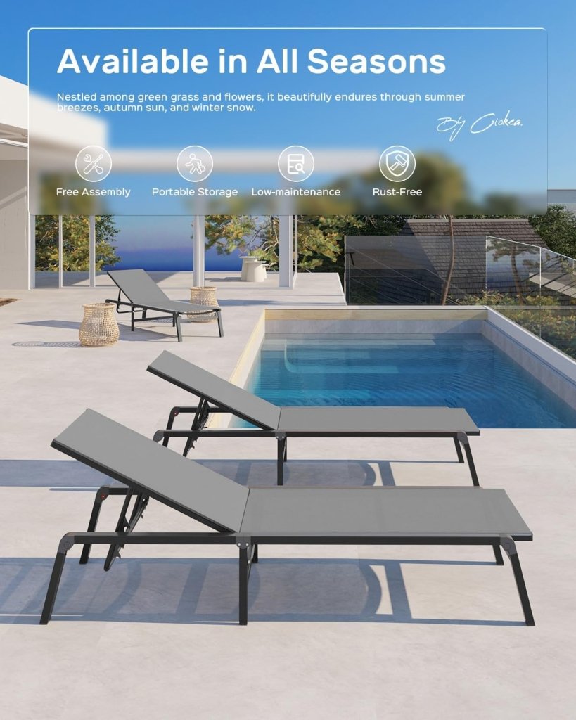 Aluminum Chaise Lounge Ourdoor - Foldable & Assemble Free Outdoor Lounge Chair with 5 Adjustable Backrest, Patio Lounge Chair for Outside Poolside Beach Pool, Black - Wigtrends