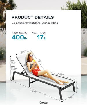 Aluminum Chaise Lounge Ourdoor - Foldable & Assemble Free Outdoor Lounge Chair with 5 Adjustable Backrest, Patio Lounge Chair for Outside Poolside Beach Pool, Black - Wigtrends