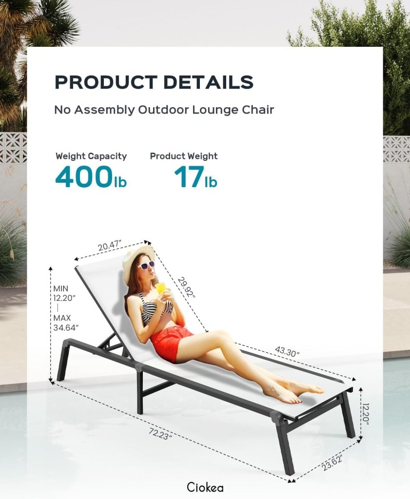 Aluminum Chaise Lounge Ourdoor - Foldable & Assemble Free Outdoor Lounge Chair with 5 Adjustable Backrest, Patio Lounge Chair for Outside Poolside Beach Pool, Black - Wigtrends
