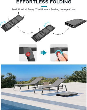 Aluminum Chaise Lounge Ourdoor - Foldable & Assemble Free Outdoor Lounge Chair with 5 Adjustable Backrest, Patio Lounge Chair for Outside Poolside Beach Pool, Black - Wigtrends