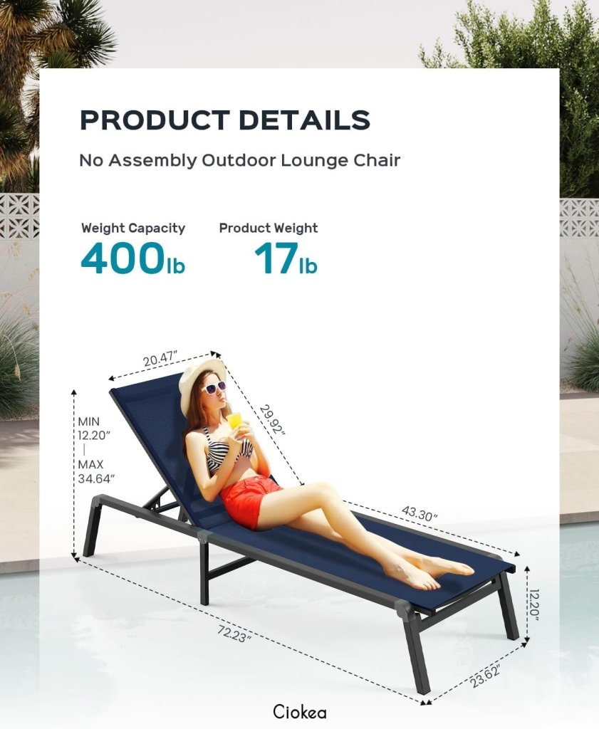 Aluminum Chaise Lounge Ourdoor - Foldable & Assemble Free Outdoor Lounge Chair with 5 Adjustable Backrest, Patio Lounge Chair for Outside Poolside Beach Pool, Black - Wigtrends