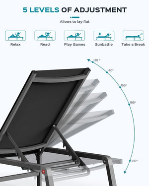 Aluminum Chaise Lounge Ourdoor - Foldable & Assemble Free Outdoor Lounge Chair with 5 Adjustable Backrest, Patio Lounge Chair for Outside Poolside Beach Pool, Black - Wigtrends
