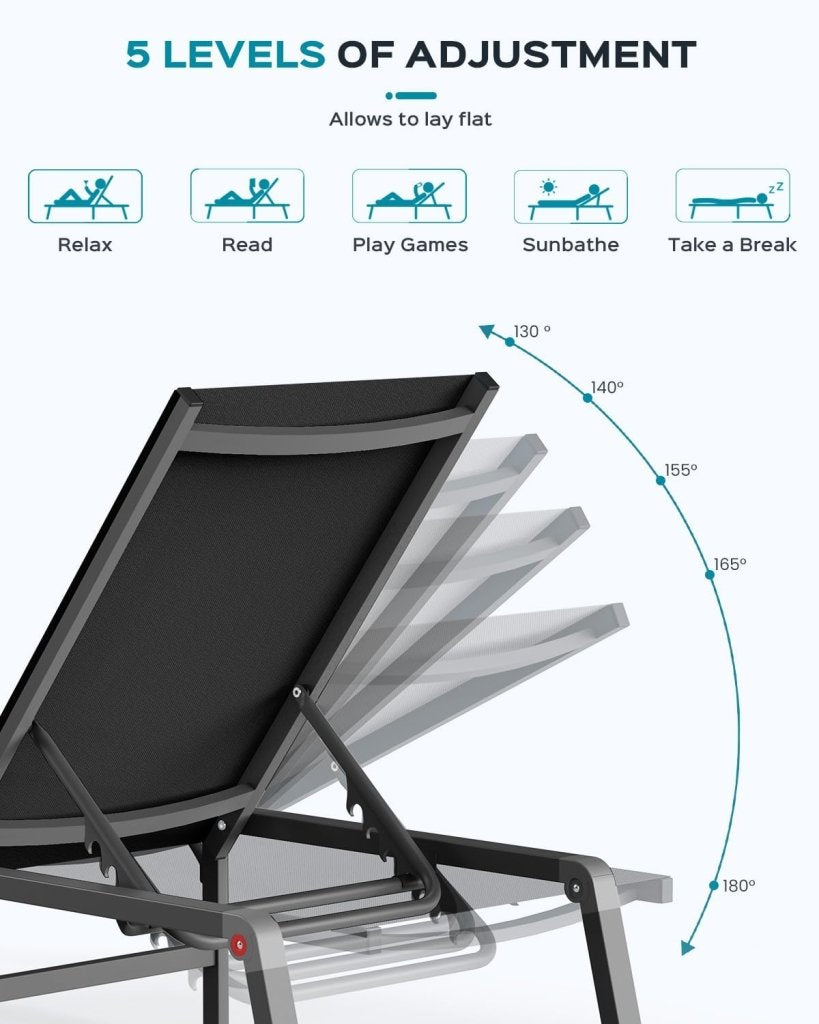 Aluminum Chaise Lounge Ourdoor - Foldable & Assemble Free Outdoor Lounge Chair with 5 Adjustable Backrest, Patio Lounge Chair for Outside Poolside Beach Pool, Black - Wigtrends