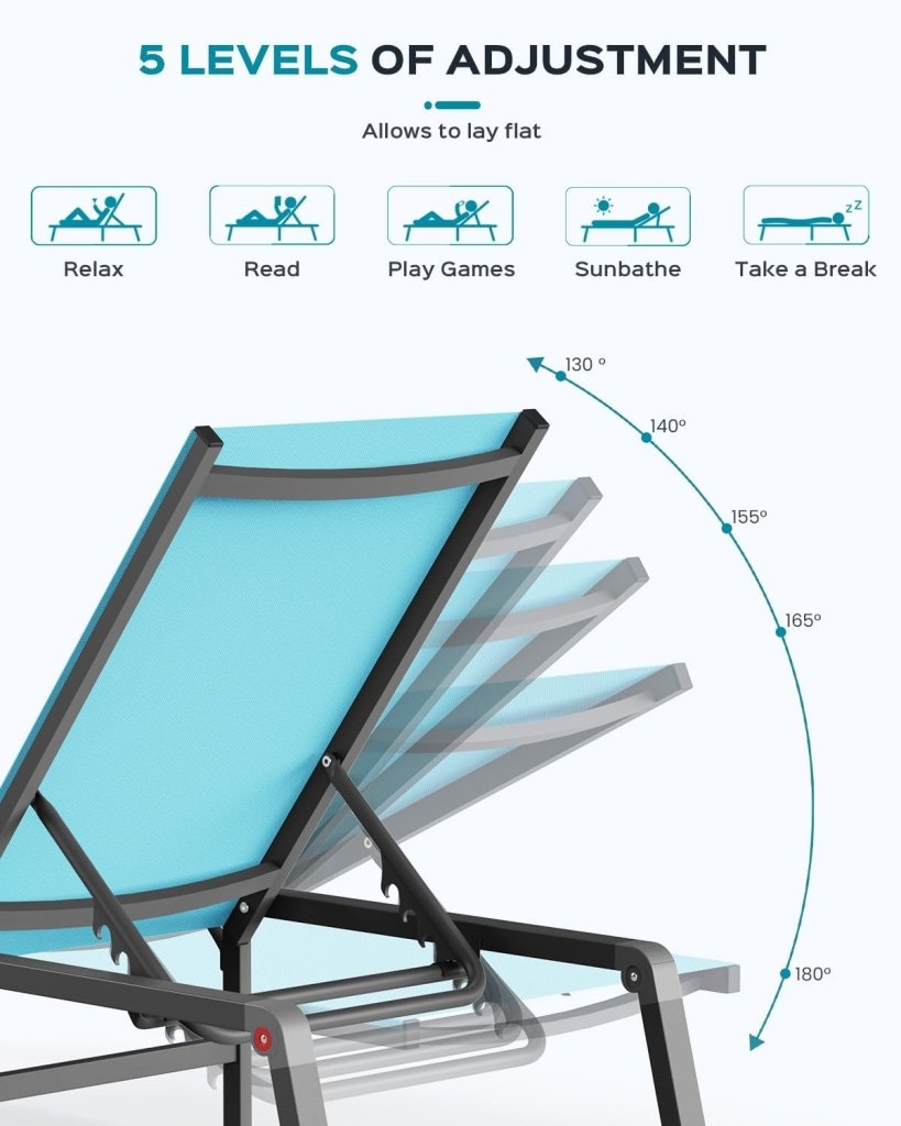 Aluminum Chaise Lounge Ourdoor - Foldable & Assemble Free Outdoor Lounge Chair with 5 Adjustable Backrest, Patio Lounge Chair for Outside Poolside Beach Pool, Black - Wigtrends