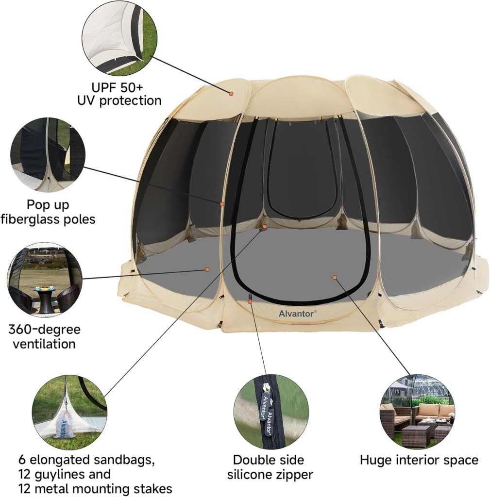 Alvantor Screen House Gazebo, 6 - 10 - 15 Person Pop Up Igloo Screened Canopy Tent with Mosquito Netting Sides, Instant UV Resistant Sun Shelter for Garden, Patio, Backyard - Wigtrends
