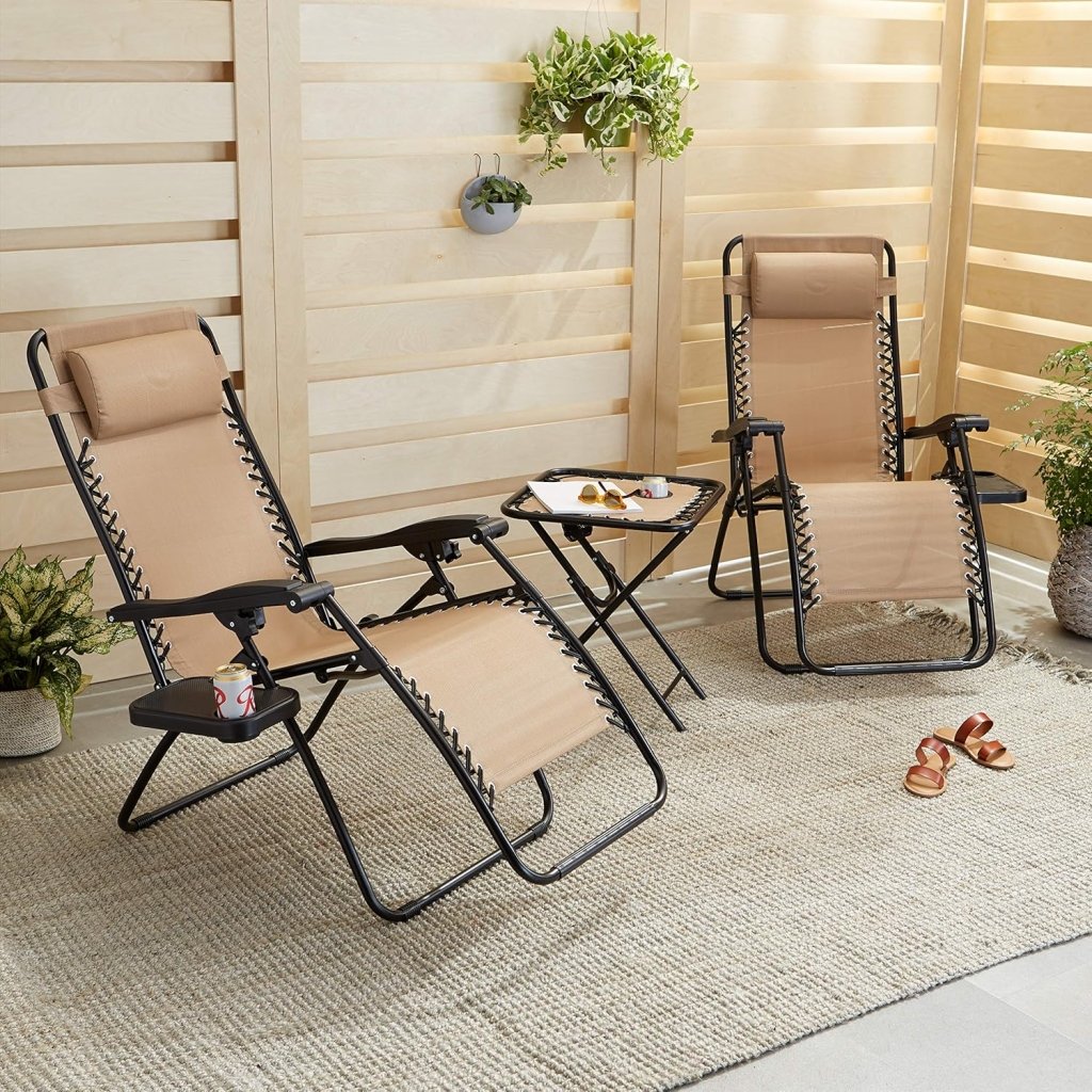 Amazon Basics Outdoor Patio Mesh Adjustable Zero Gravity Lounge Chair Recliners set of 2 with Side Table, 35 x 26 x 43 inches, Beige - Wigtrends