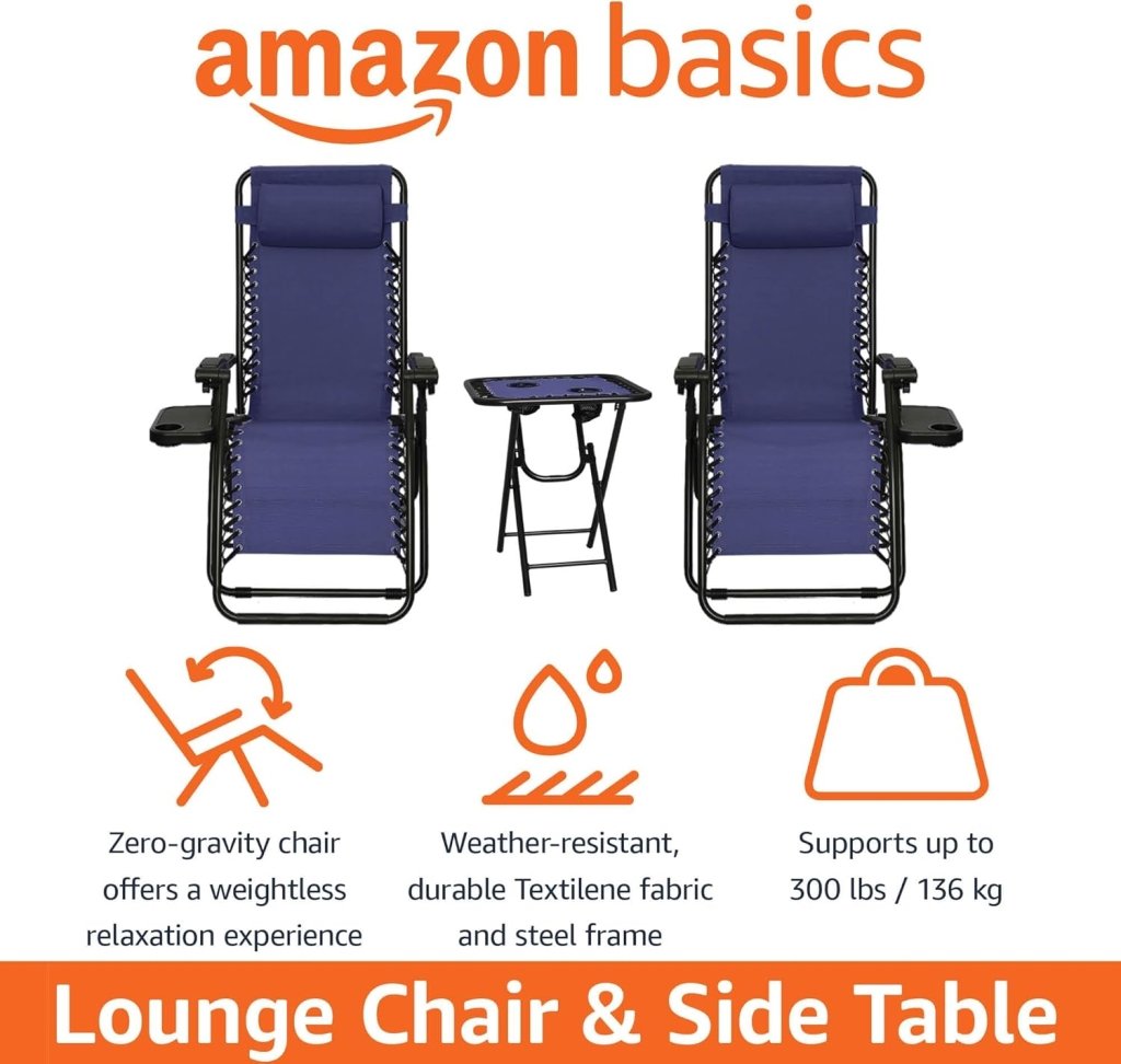 Amazon Basics Outdoor Patio Mesh Adjustable Zero Gravity Lounge Chair Recliners set of 2 with Side Table, 35 x 26 x 43 inches, Beige - Wigtrends
