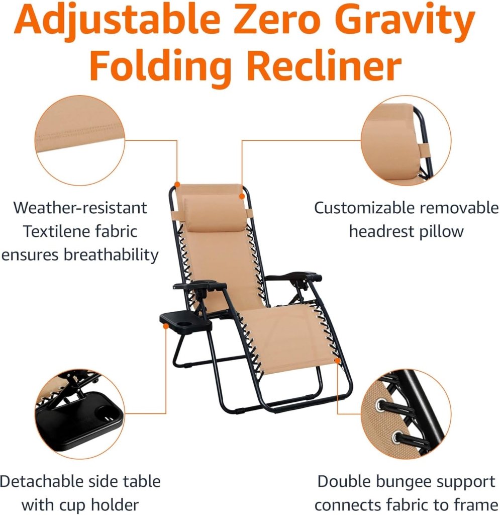 Amazon Basics Outdoor Patio Mesh Adjustable Zero Gravity Lounge Chair Recliners set of 2 with Side Table, 35 x 26 x 43 inches, Beige - Wigtrends