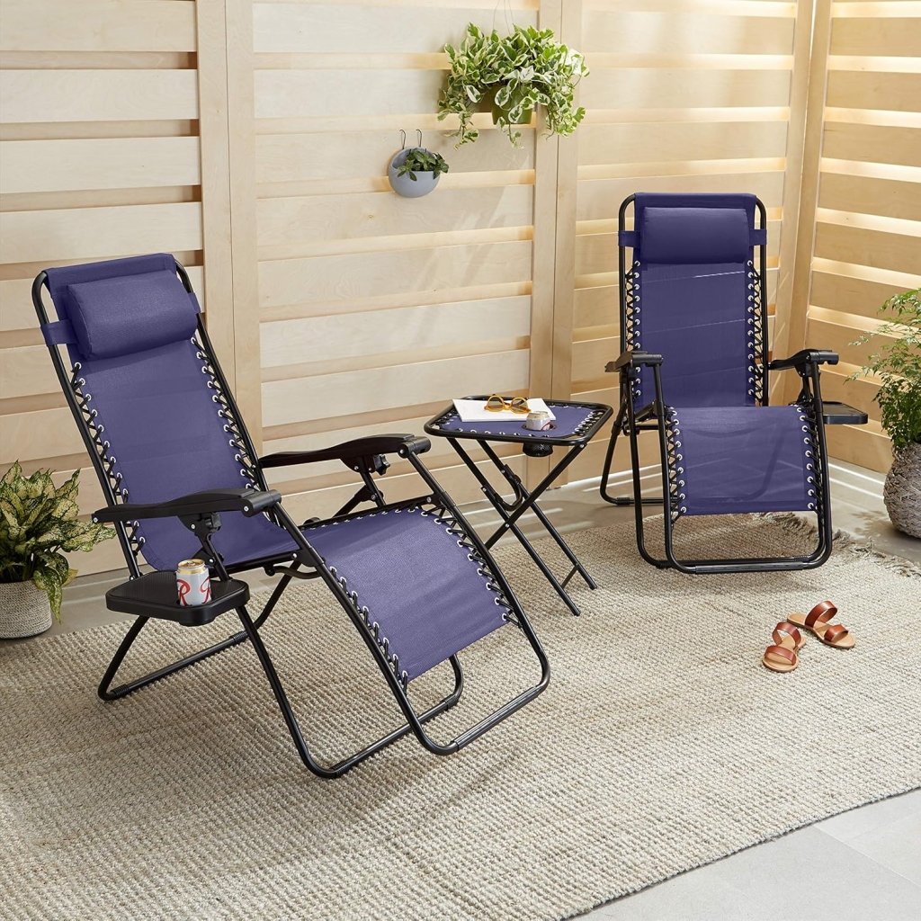 Amazon Basics Outdoor Patio Mesh Adjustable Zero Gravity Lounge Chair Recliners set of 2 with Side Table, 35 x 26 x 43 inches, Beige - Wigtrends