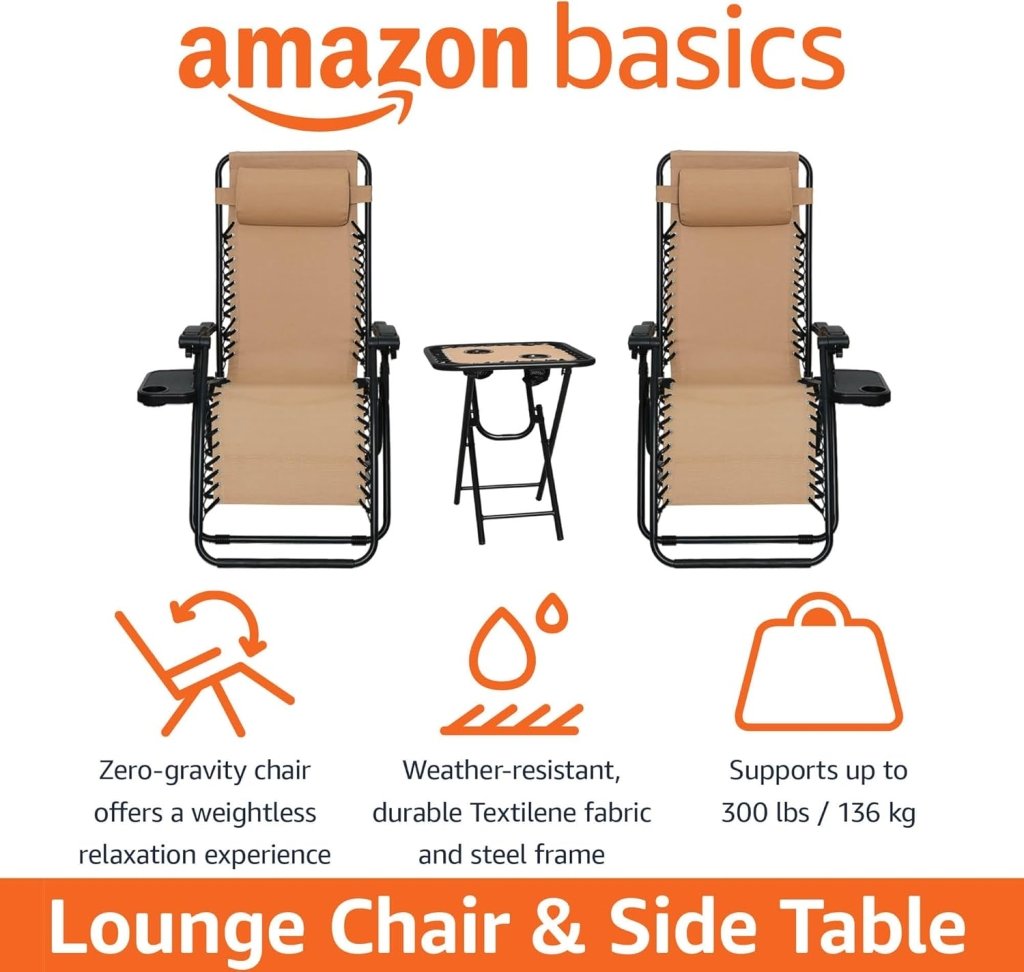 Amazon Basics Outdoor Patio Mesh Adjustable Zero Gravity Lounge Chair Recliners set of 2 with Side Table, 35 x 26 x 43 inches, Beige - Wigtrends