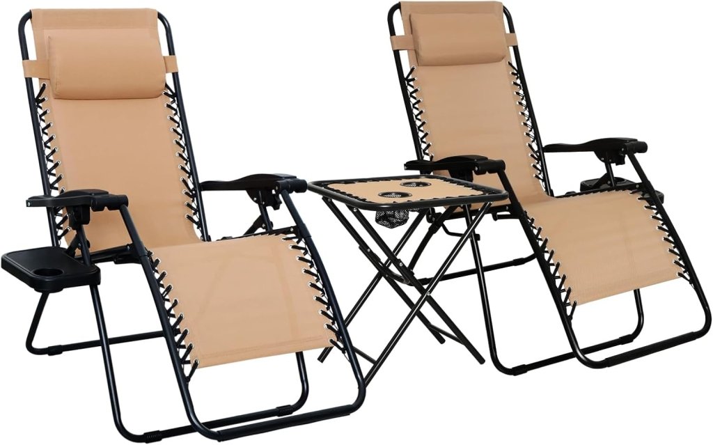 Amazon Basics Outdoor Patio Mesh Adjustable Zero Gravity Lounge Chair Recliners set of 2 with Side Table, 35 x 26 x 43 inches, Beige - Wigtrends