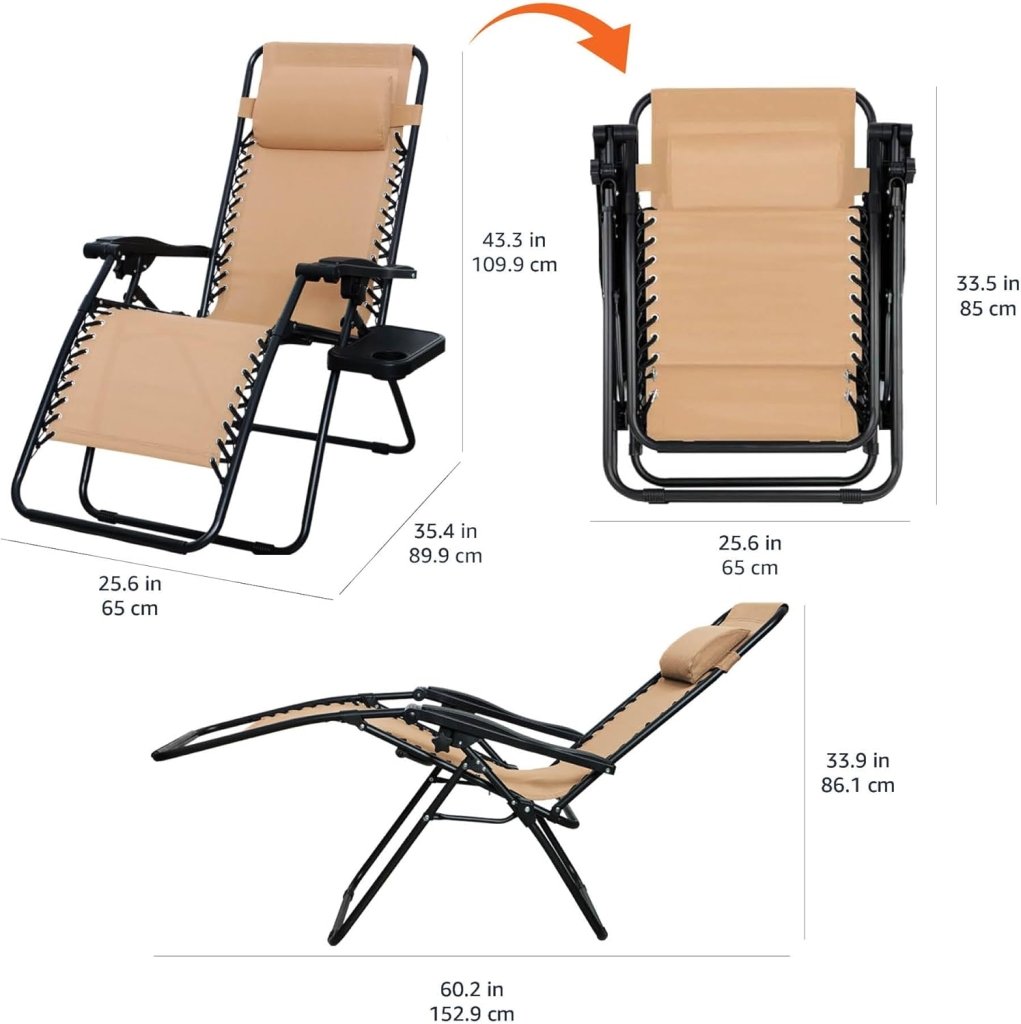 Amazon Basics Outdoor Patio Mesh Adjustable Zero Gravity Lounge Chair Recliners set of 2 with Side Table, 35 x 26 x 43 inches, Beige - Wigtrends
