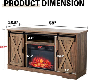 AMERLIFE Fireplace TV Stand with Sliding Barn Door for TVs up to 73", Farmhouse 63" Fireplace Entertainment Center with Storage Cabinets/Adjustable Shelves - Wigtrends