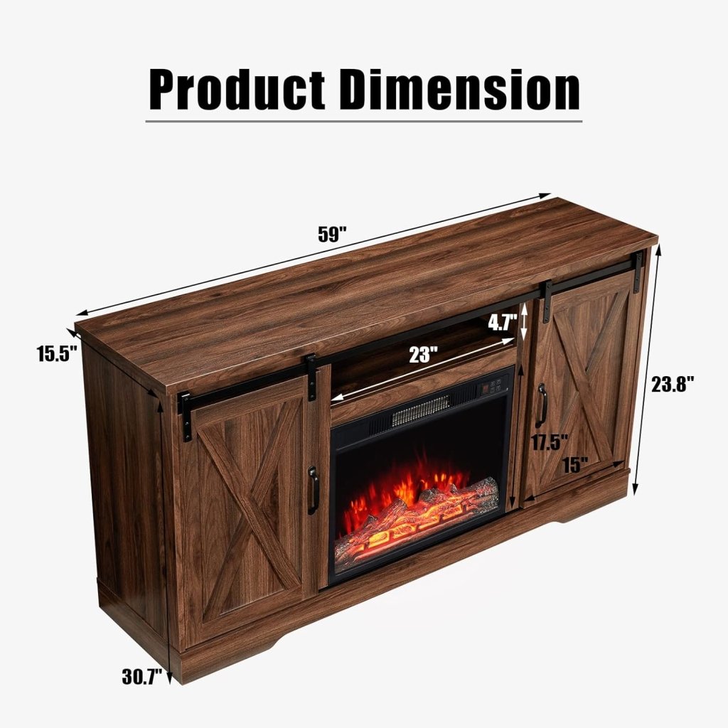 AMERLIFE Fireplace TV Stand with Sliding Barn Door for TVs up to 73", Farmhouse 63" Fireplace Entertainment Center with Storage Cabinets/Adjustable Shelves - Wigtrends