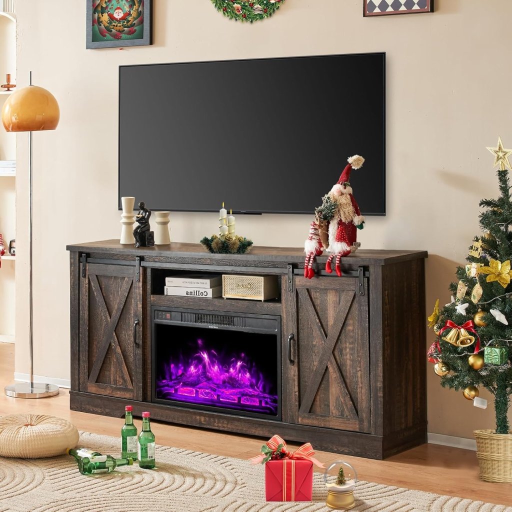 AMERLIFE Fireplace TV Stand with Sliding Barn Door for TVs up to 73", Farmhouse 63" Fireplace Entertainment Center with Storage Cabinets/Adjustable Shelves - Wigtrends