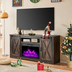 AMERLIFE Fireplace TV Stand with Sliding Barn Door for TVs up to 73", Farmhouse 63" Fireplace Entertainment Center with Storage Cabinets/Adjustable Shelves - Wigtrends