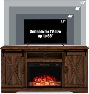 AMERLIFE Fireplace TV Stand with Sliding Barn Door for TVs up to 73", Farmhouse 63" Fireplace Entertainment Center with Storage Cabinets/Adjustable Shelves - Wigtrends