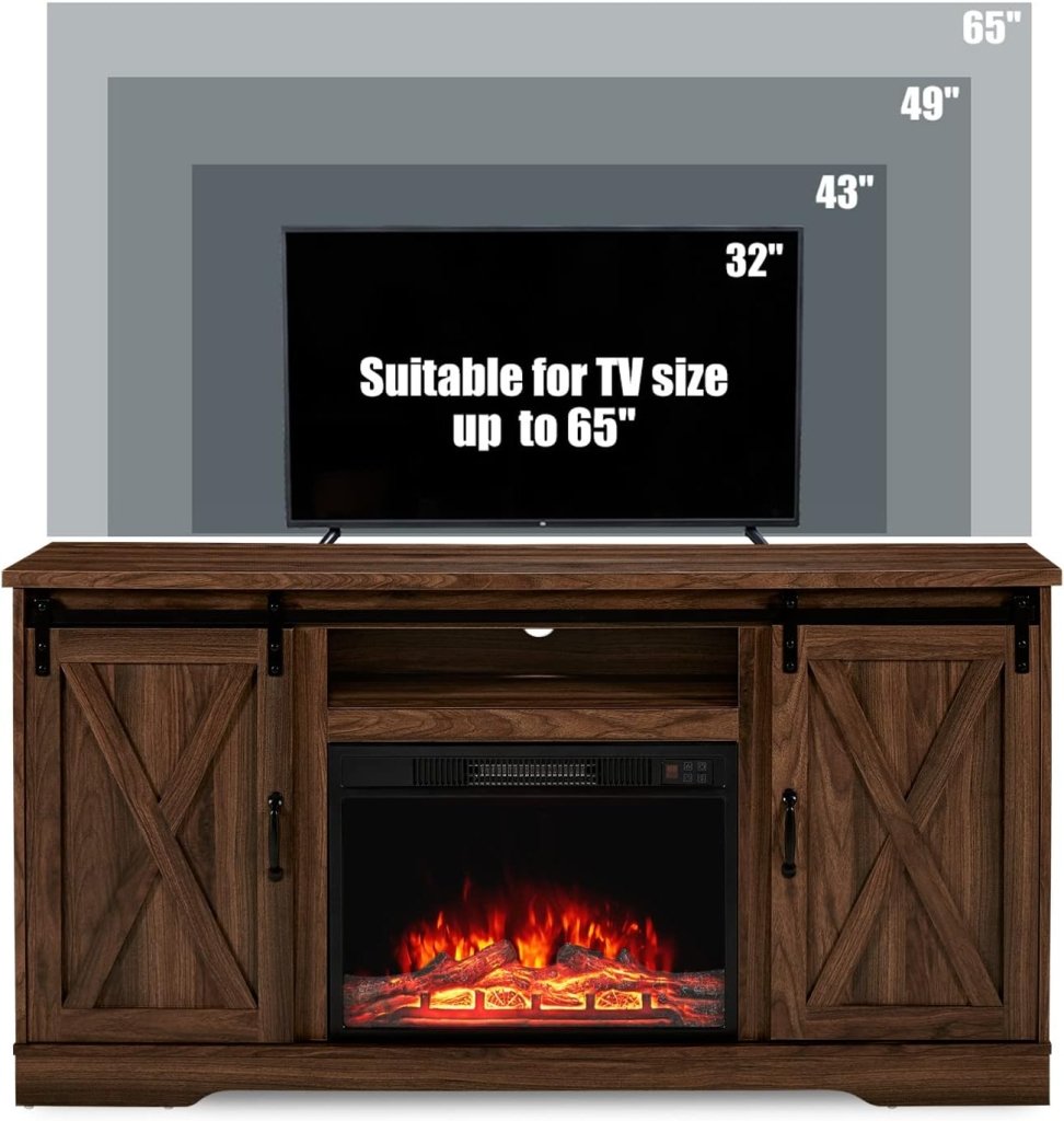 AMERLIFE Fireplace TV Stand with Sliding Barn Door for TVs up to 73", Farmhouse 63" Fireplace Entertainment Center with Storage Cabinets/Adjustable Shelves - Wigtrends