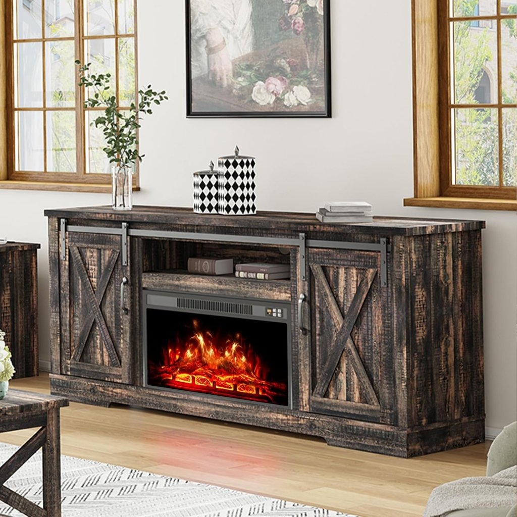 AMERLIFE Fireplace TV Stand with Sliding Barn Door for TVs up to 73", Farmhouse 63" Fireplace Entertainment Center with Storage Cabinets/Adjustable Shelves - Wigtrends