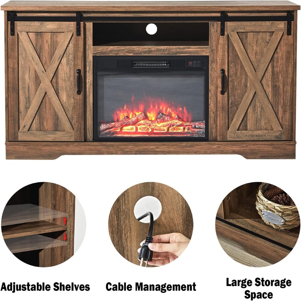 AMERLIFE Fireplace TV Stand with Sliding Barn Door for TVs up to 73", Farmhouse 63" Fireplace Entertainment Center with Storage Cabinets/Adjustable Shelves - Wigtrends
