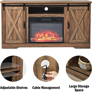 AMERLIFE Fireplace TV Stand with Sliding Barn Door for TVs up to 73", Farmhouse 63" Fireplace Entertainment Center with Storage Cabinets/Adjustable Shelves - Wigtrends