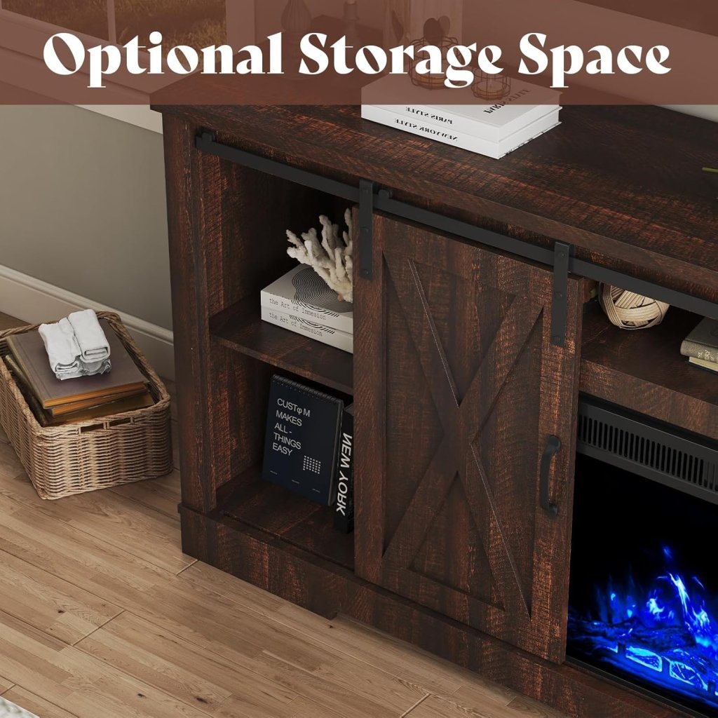 AMERLIFE Fireplace TV Stand with Sliding Barn Door for TVs up to 73", Farmhouse 63" Fireplace Entertainment Center with Storage Cabinets/Adjustable Shelves - Wigtrends