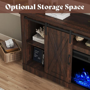 AMERLIFE Fireplace TV Stand with Sliding Barn Door for TVs up to 73", Farmhouse 63" Fireplace Entertainment Center with Storage Cabinets/Adjustable Shelves - Wigtrends