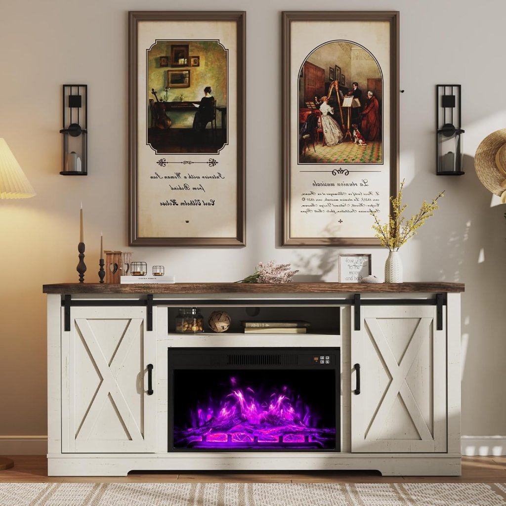 AMERLIFE Fireplace TV Stand with Sliding Barn Door for TVs up to 73", Farmhouse 63" Fireplace Entertainment Center with Storage Cabinets/Adjustable Shelves - Wigtrends