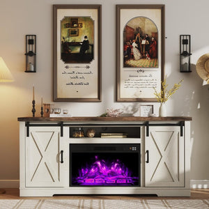 AMERLIFE Fireplace TV Stand with Sliding Barn Door for TVs up to 73", Farmhouse 63" Fireplace Entertainment Center with Storage Cabinets/Adjustable Shelves - Wigtrends