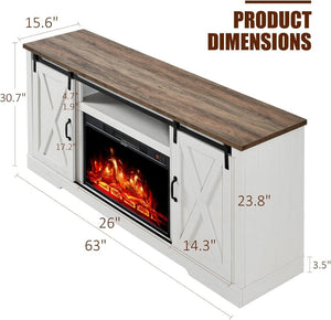 AMERLIFE Fireplace TV Stand with Sliding Barn Door for TVs up to 73", Farmhouse 63" Fireplace Entertainment Center with Storage Cabinets/Adjustable Shelves - Wigtrends