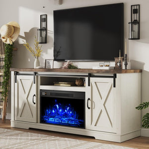 AMERLIFE Fireplace TV Stand with Sliding Barn Door for TVs up to 73", Farmhouse 63" Fireplace Entertainment Center with Storage Cabinets/Adjustable Shelves - Wigtrends