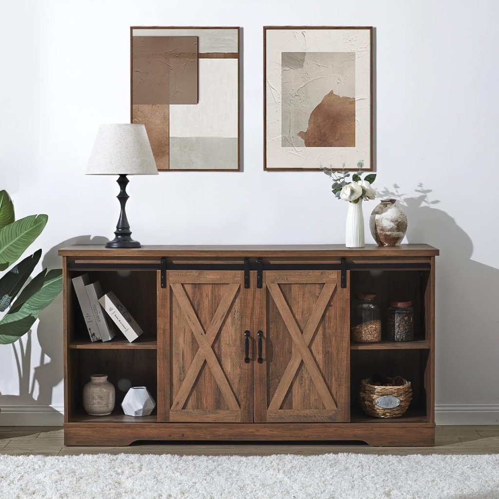 AMERLIFE Fireplace TV Stand with Sliding Barn Door for TVs up to 73", Farmhouse 63" Fireplace Entertainment Center with Storage Cabinets/Adjustable Shelves - Wigtrends
