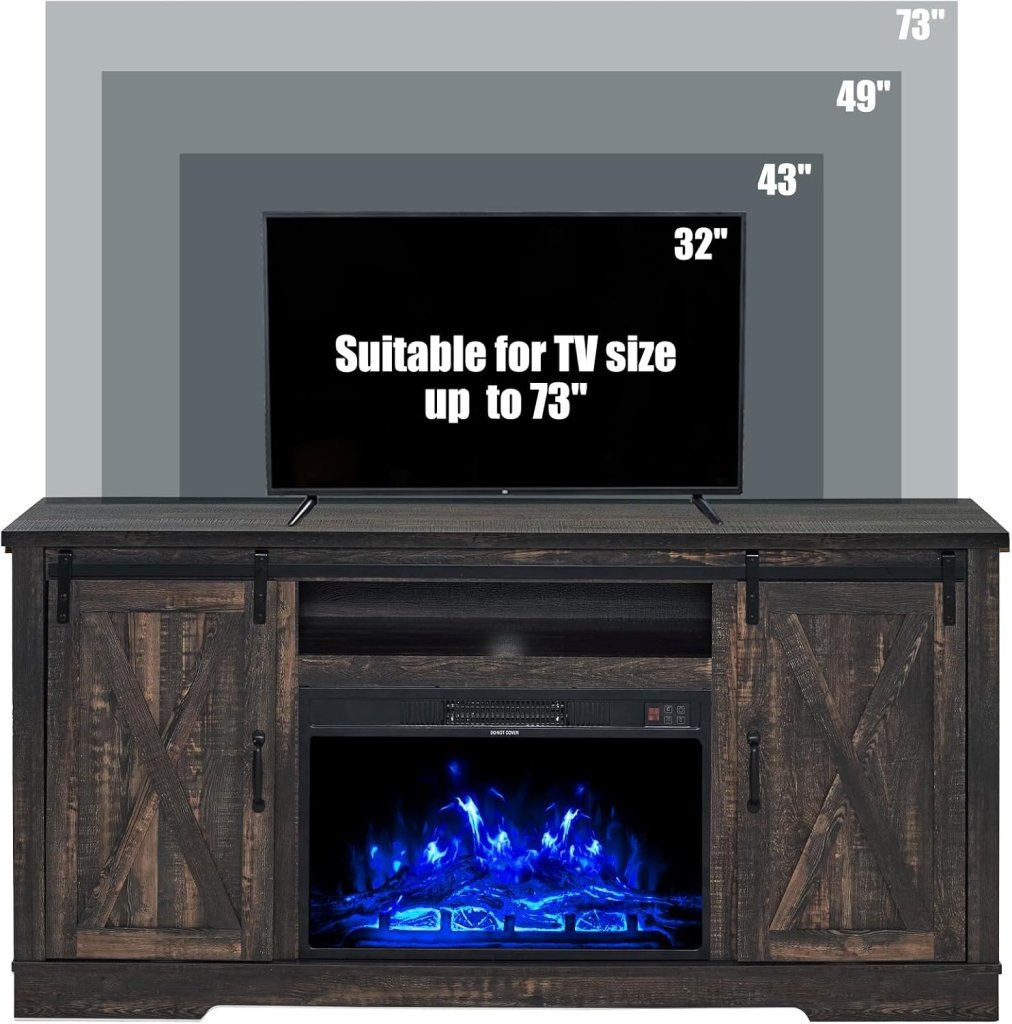 AMERLIFE Fireplace TV Stand with Sliding Barn Door for TVs up to 73", Farmhouse 63" Fireplace Entertainment Center with Storage Cabinets/Adjustable Shelves - Wigtrends