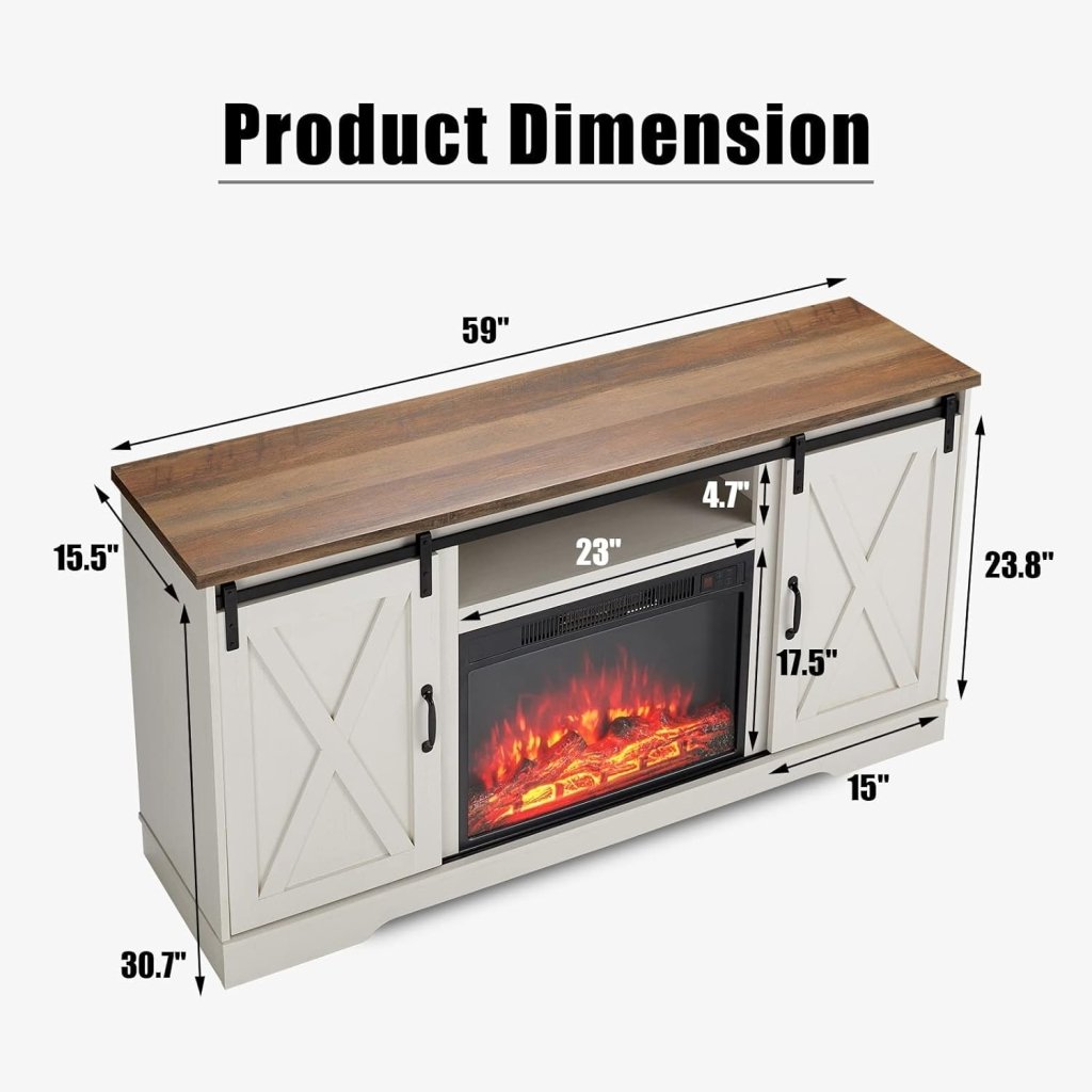 AMERLIFE Fireplace TV Stand with Sliding Barn Door for TVs up to 73", Farmhouse 63" Fireplace Entertainment Center with Storage Cabinets/Adjustable Shelves - Wigtrends