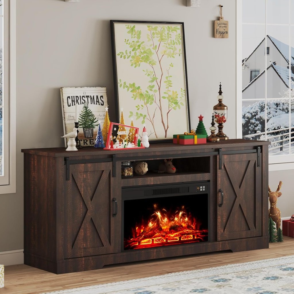 AMERLIFE Fireplace TV Stand with Sliding Barn Door for TVs up to 73", Farmhouse 63" Fireplace Entertainment Center with Storage Cabinets/Adjustable Shelves - Wigtrends